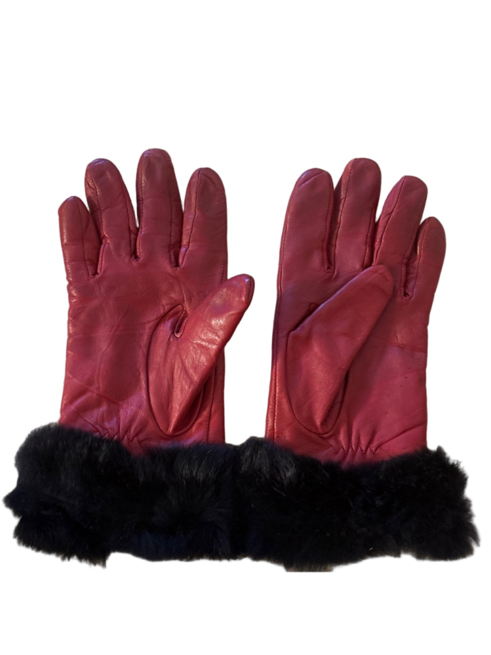 Women's Unbranded Leather Red Black Rabbit Fur Trim Gloves One Size